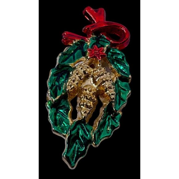 AAI Jewelry - AAI Christmas Brooch Pin Vintage Pinecone Wreath Green Red Goldtoned Holidays